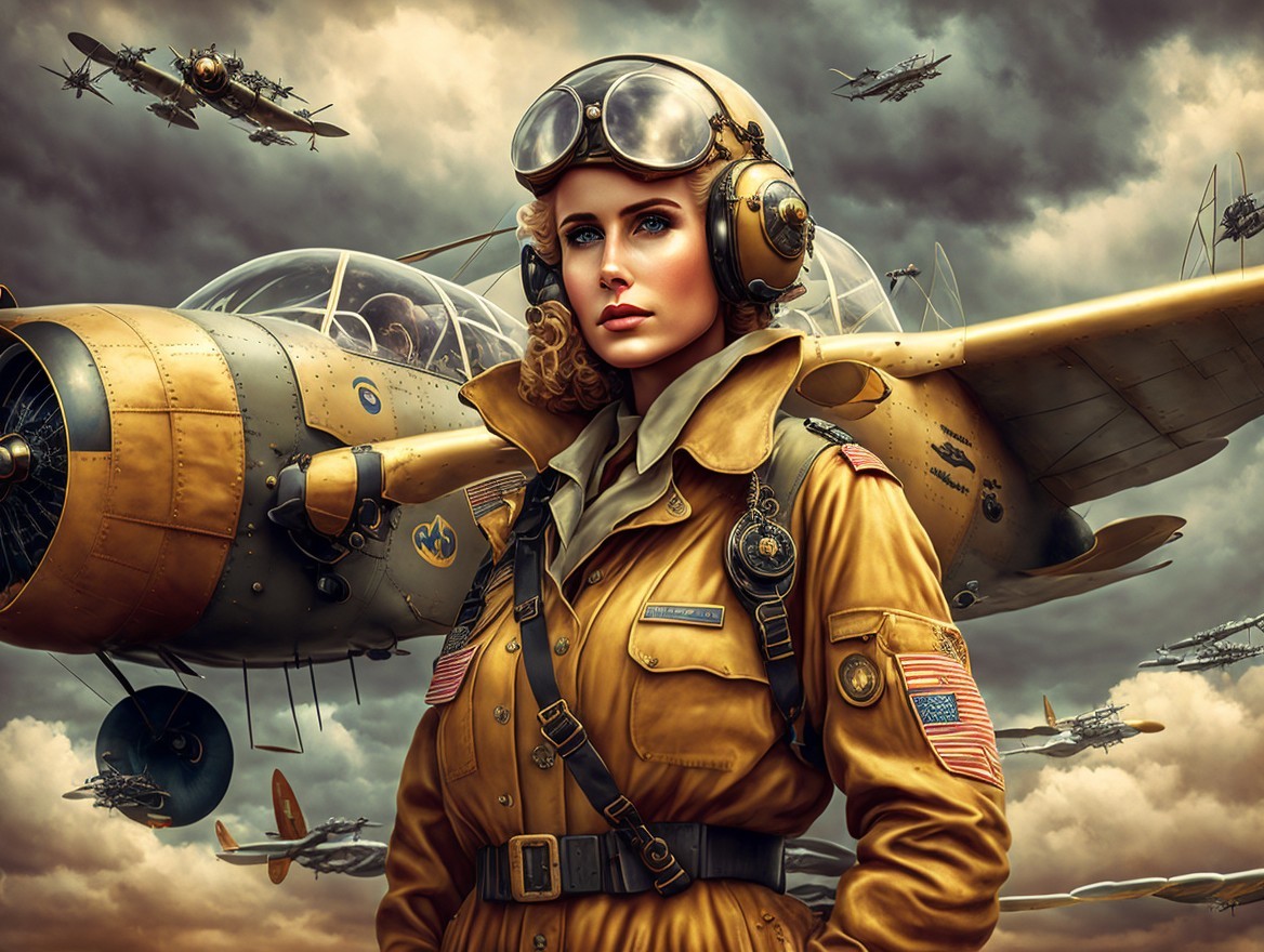 Confident Female Pilot with Vintage Aircraft and Clouds