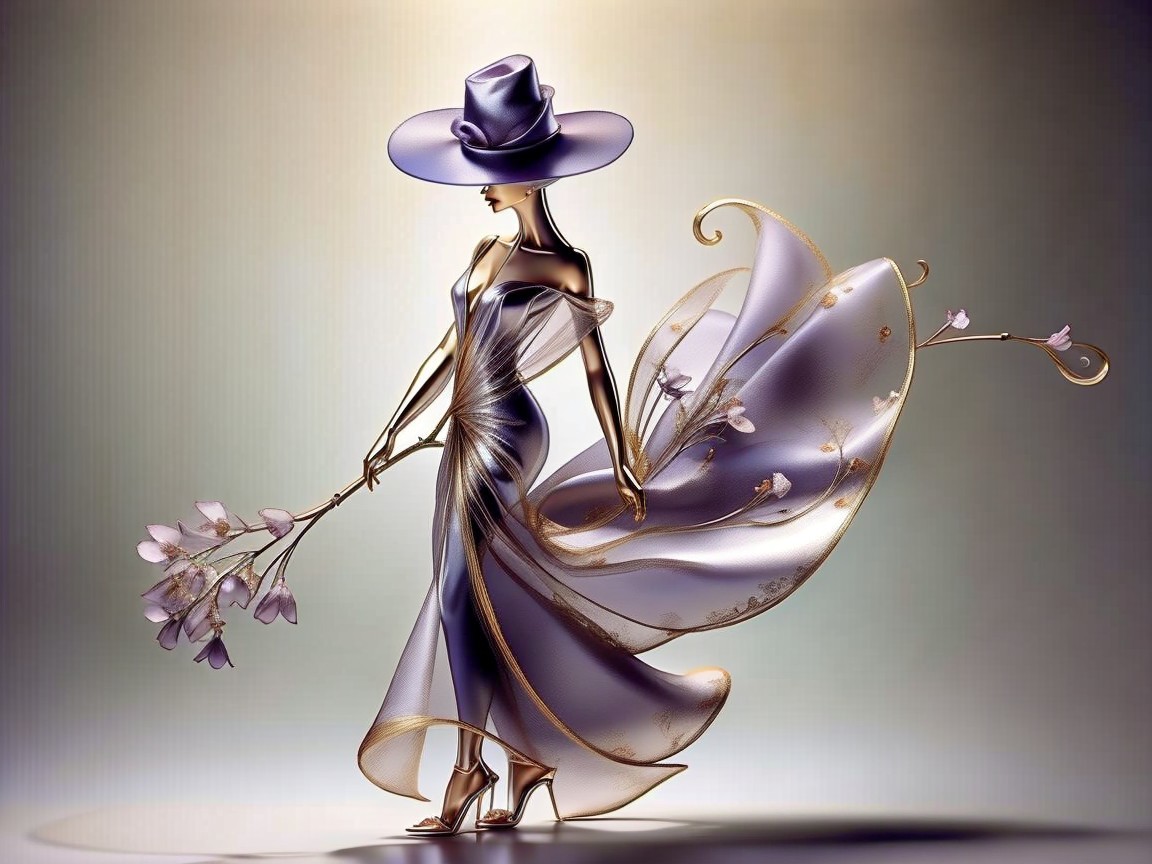 Elegant 3D Female Figure in Lavender Gown and Hat