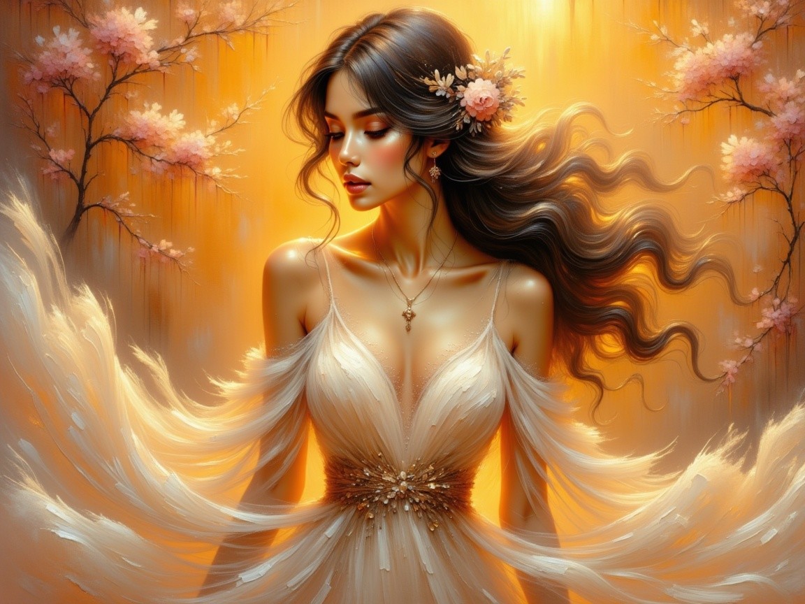 Elegant Woman in Ethereal Gown with Cherry Blossoms
