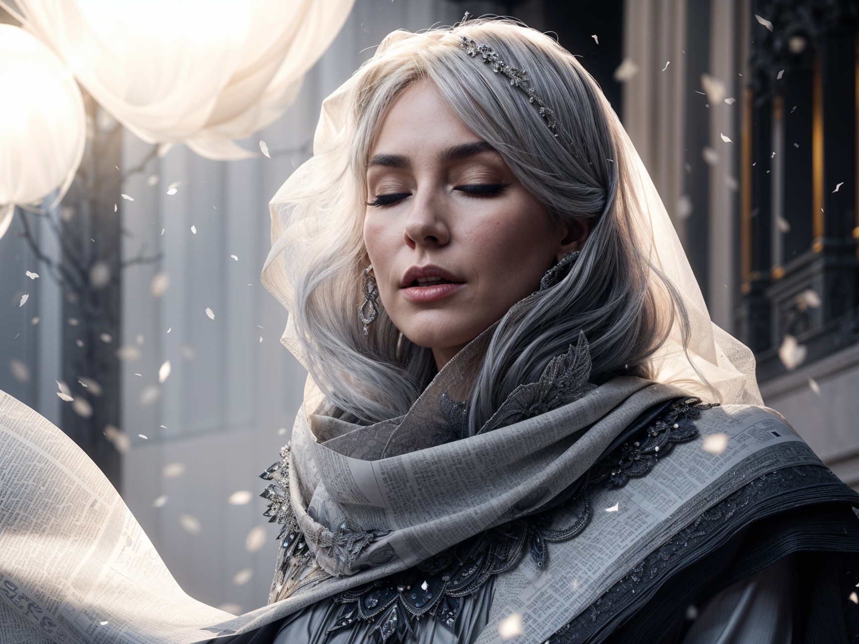 Elegant Woman with Silver Hair Surrounded by Petals