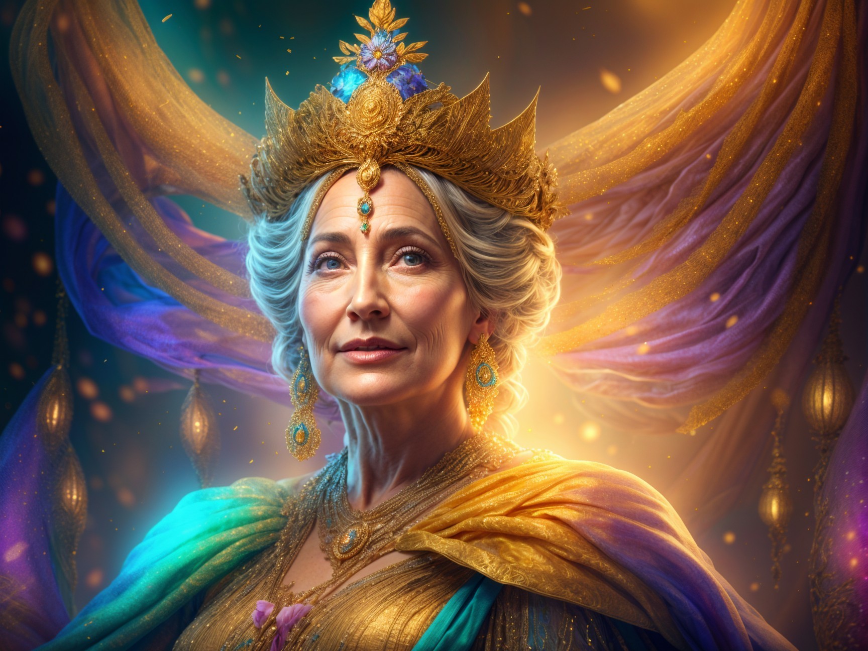 Regal figure in golden garments with jeweled crown