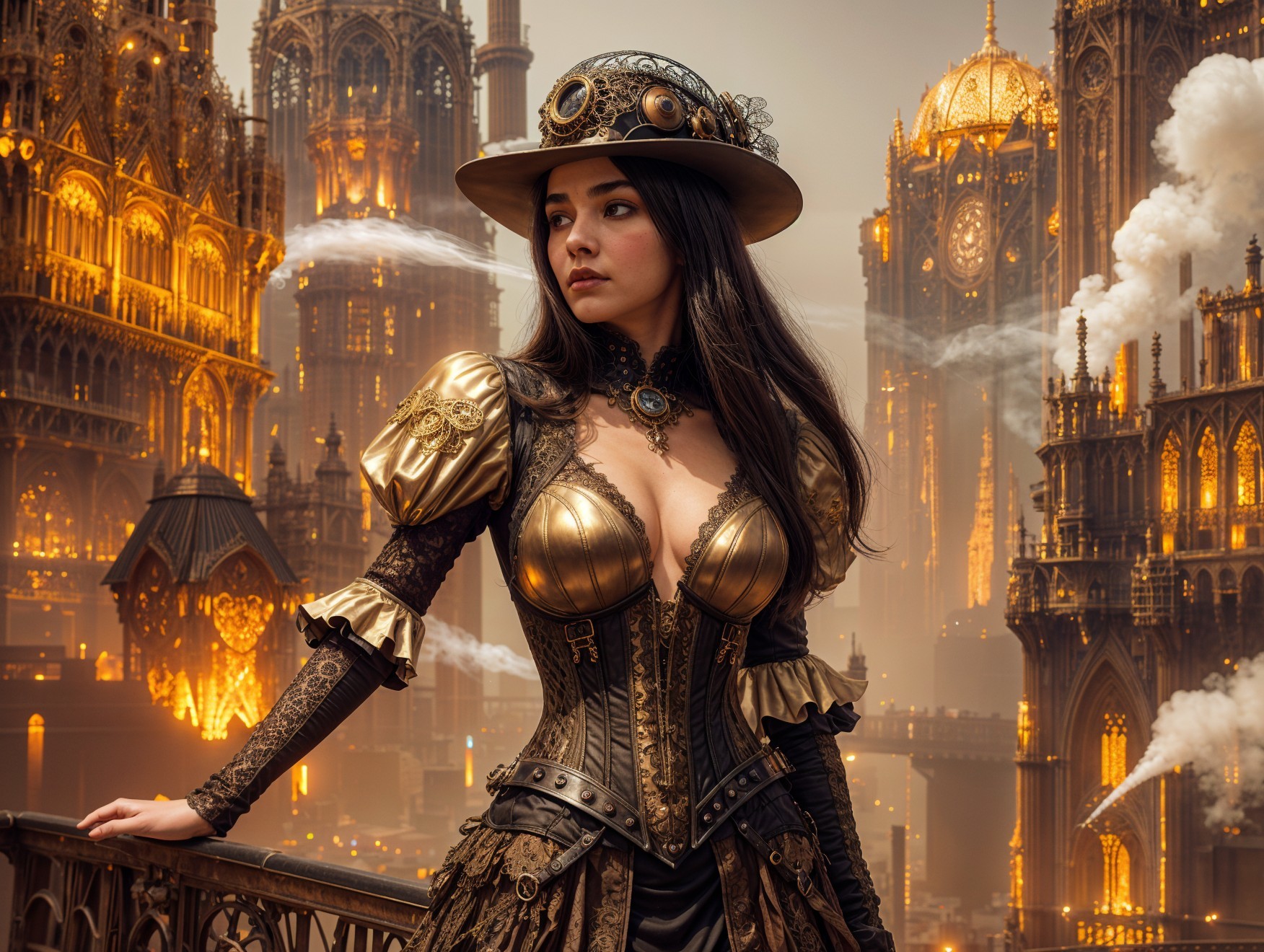 Steampunk Scene with Woman in Metallic Attire