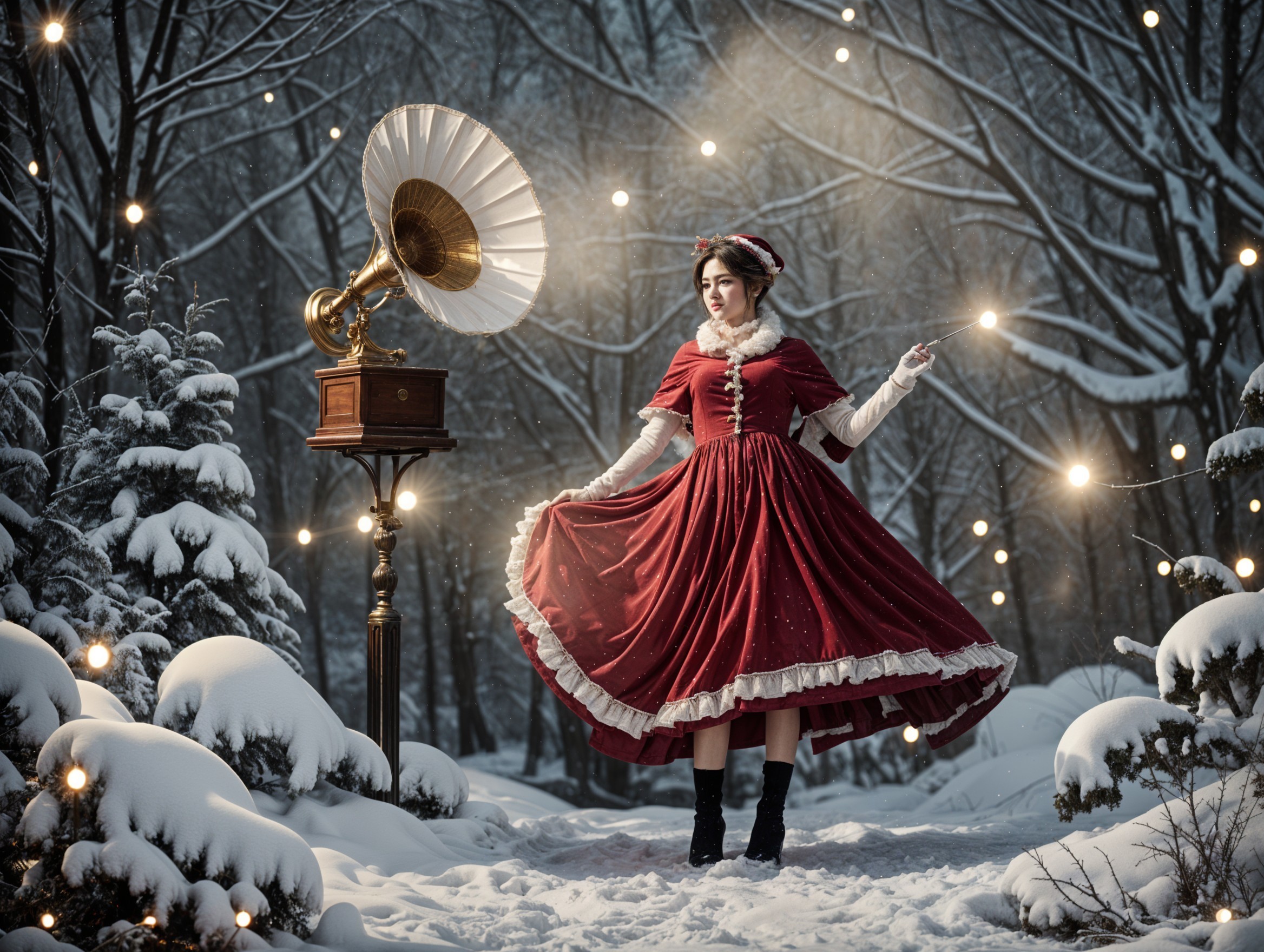 Woman in vintage red dress twirls in snowy landscape