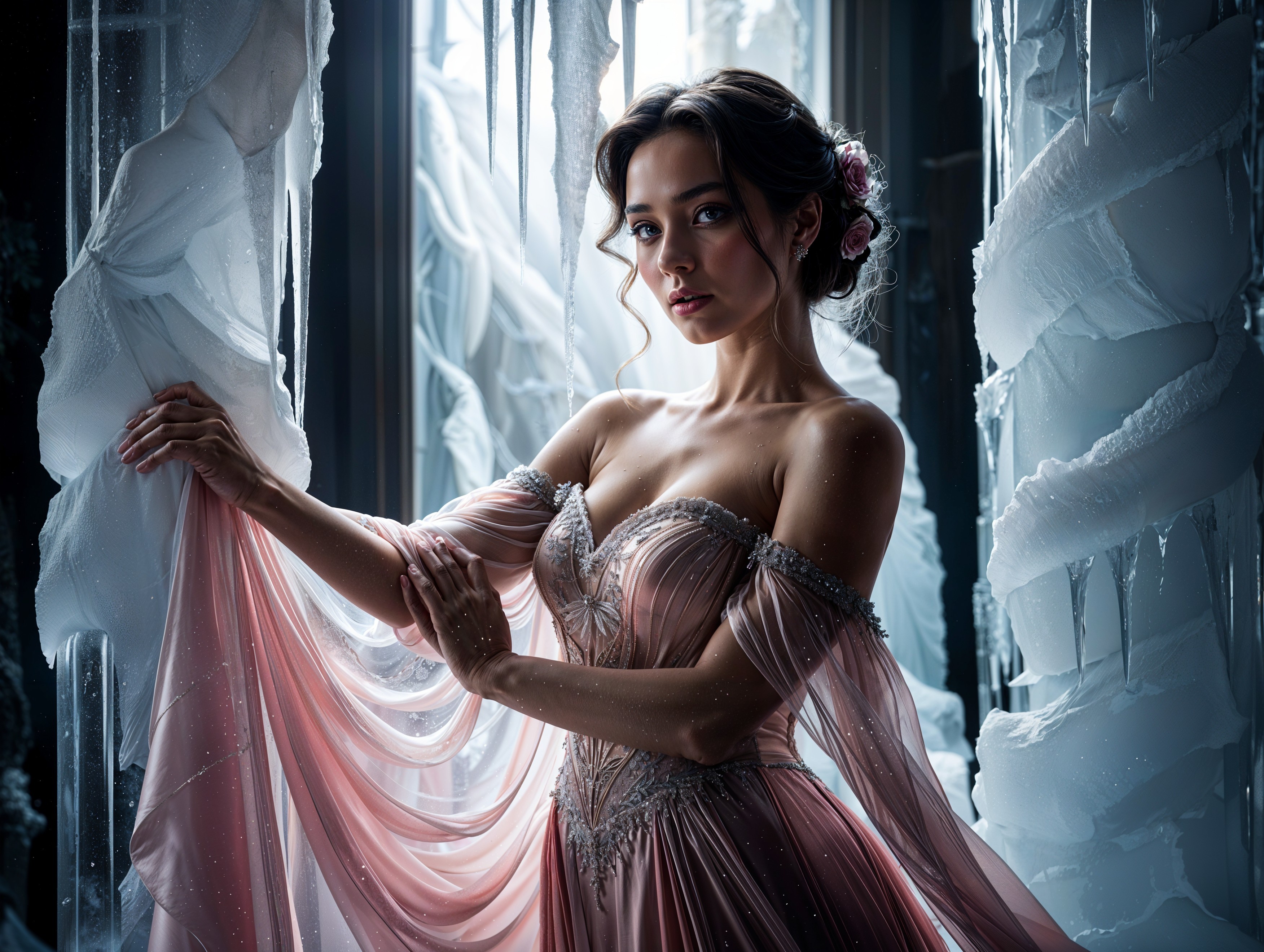 Young Woman in Pink Gown Surrounded by Frosted Landscape
