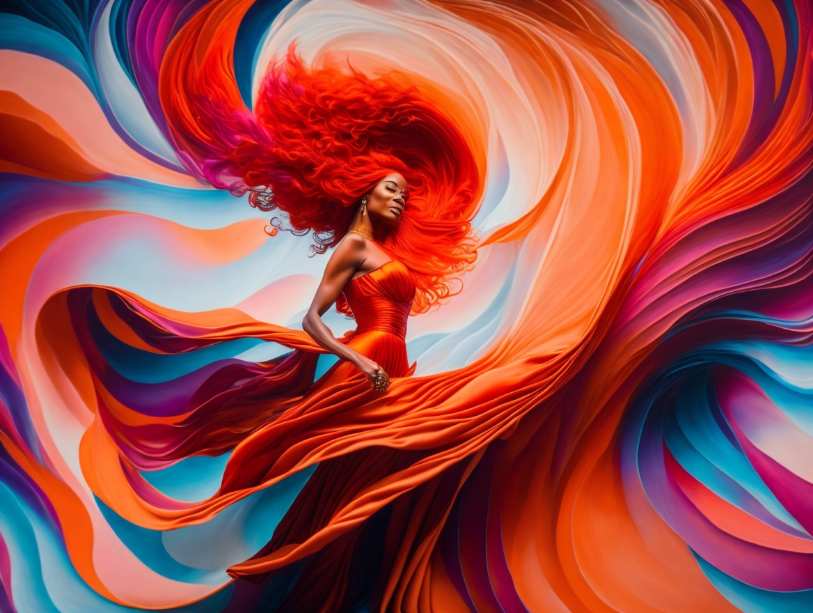 Vibrant Red-Haired Figure in Flowing Gown and Colors