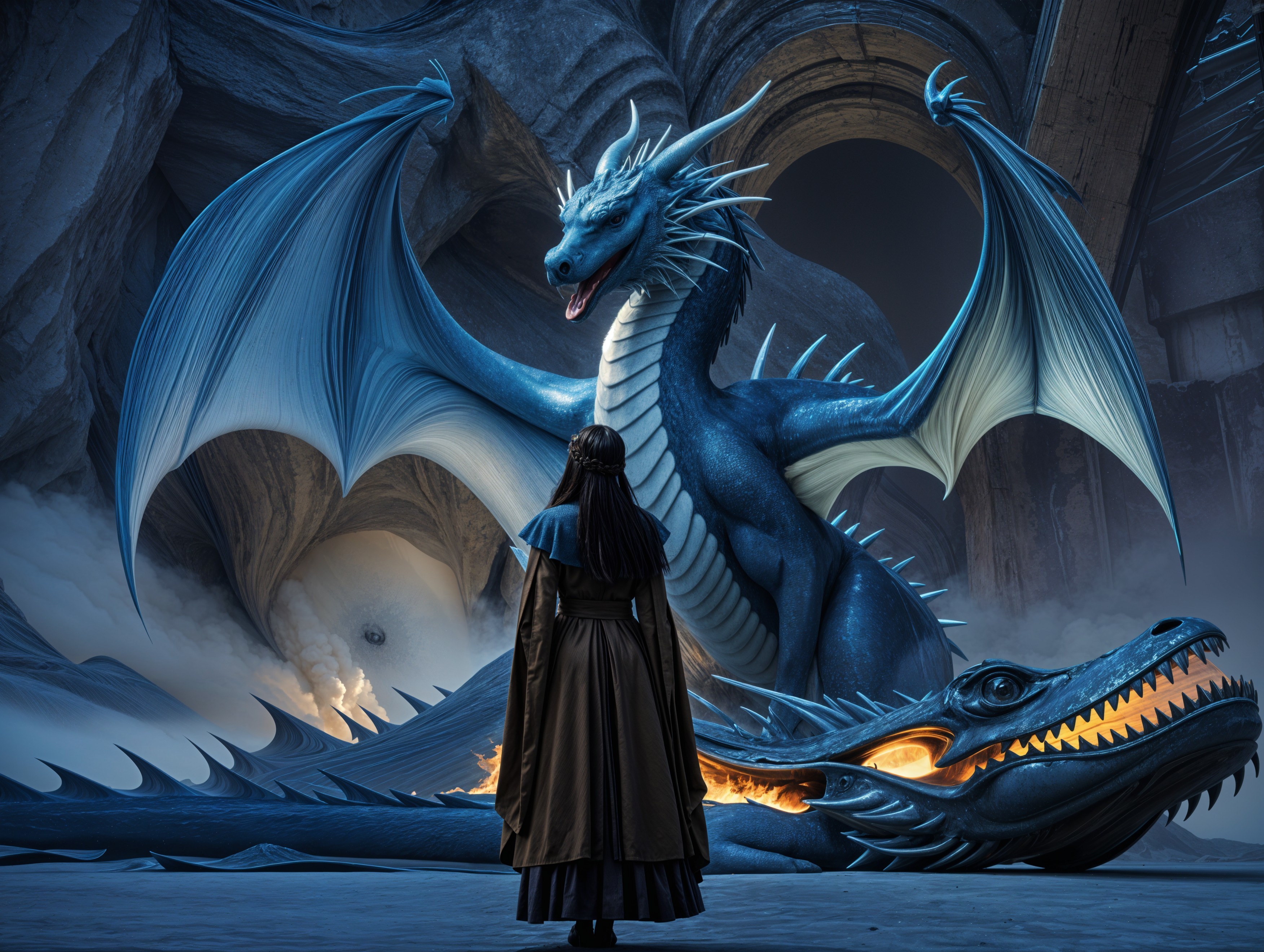 Blue Dragon in Cavernous Lair with Cloaked Figure