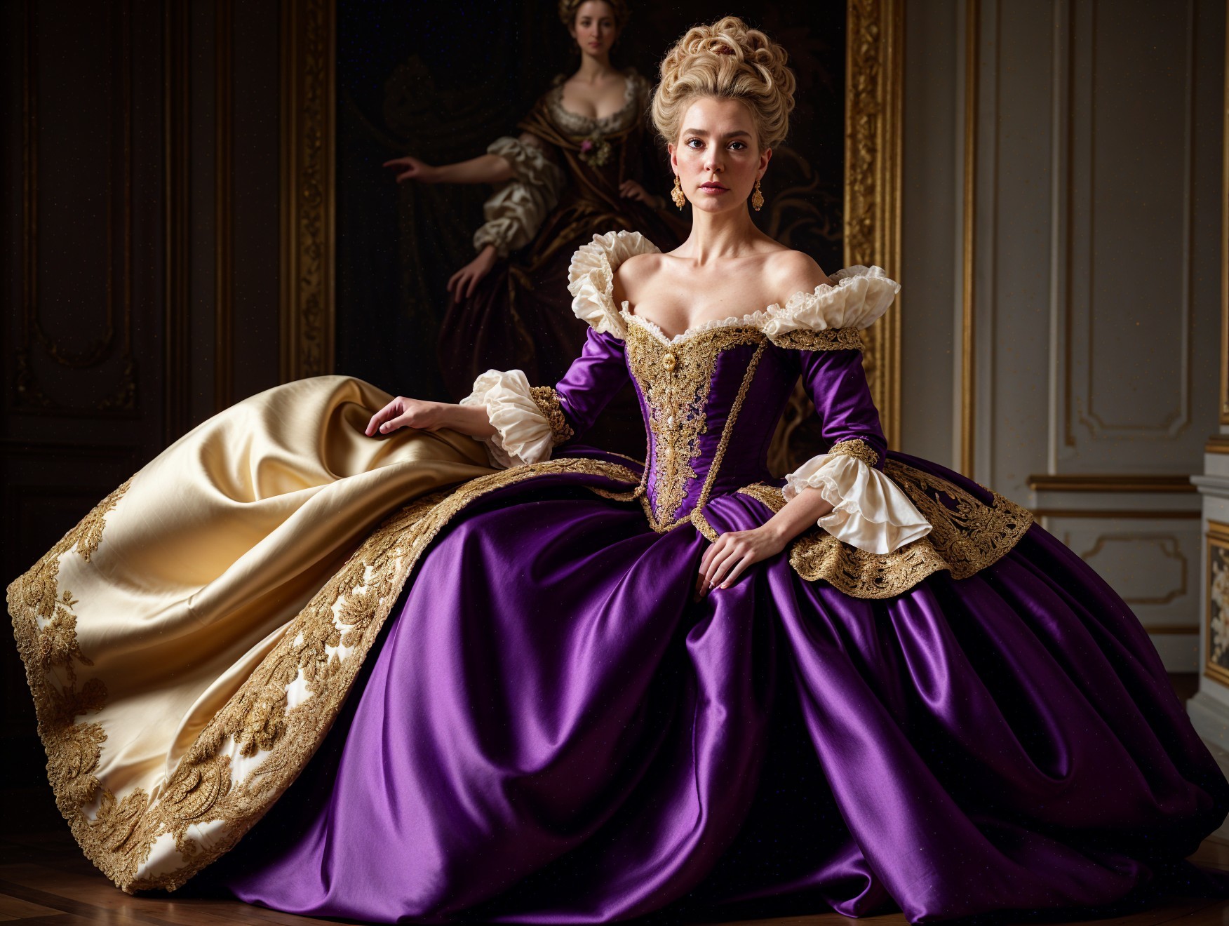 Regal figure in purple gown with gold detailing