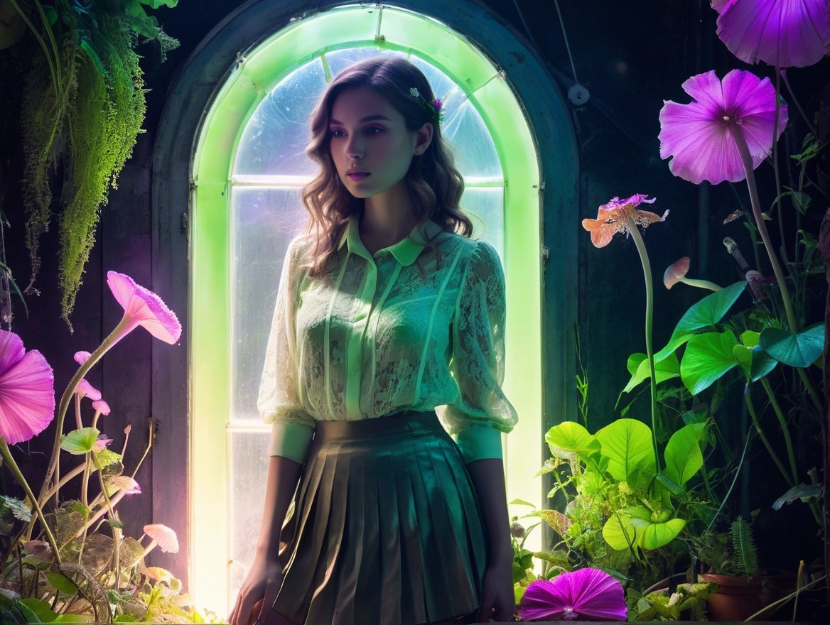 Young woman in lace blouse by vibrant window and flowers