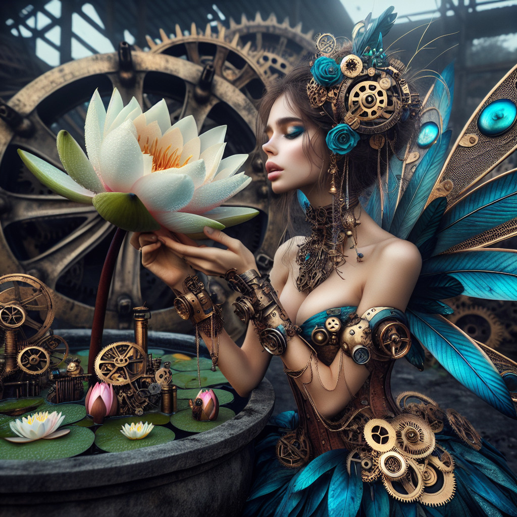 Steampunk Fairy with Mechanical Wings and Lotus Flower