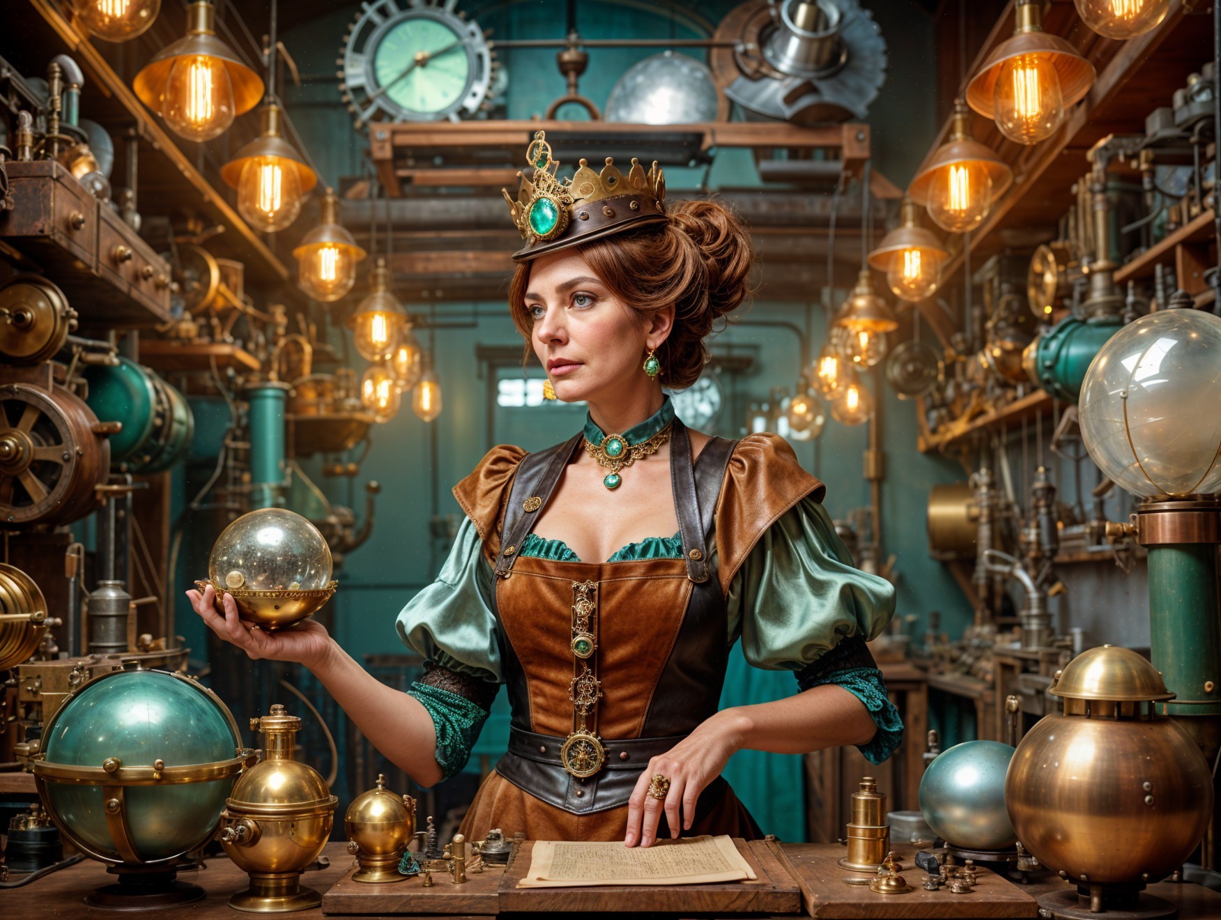 Steampunk Laboratory with Woman and Glowing Orb