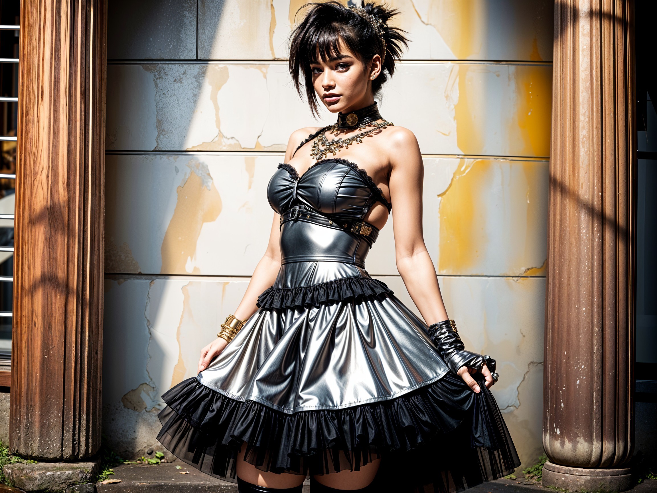 Metallic Black Dress with Ruffles and Bold Accessories