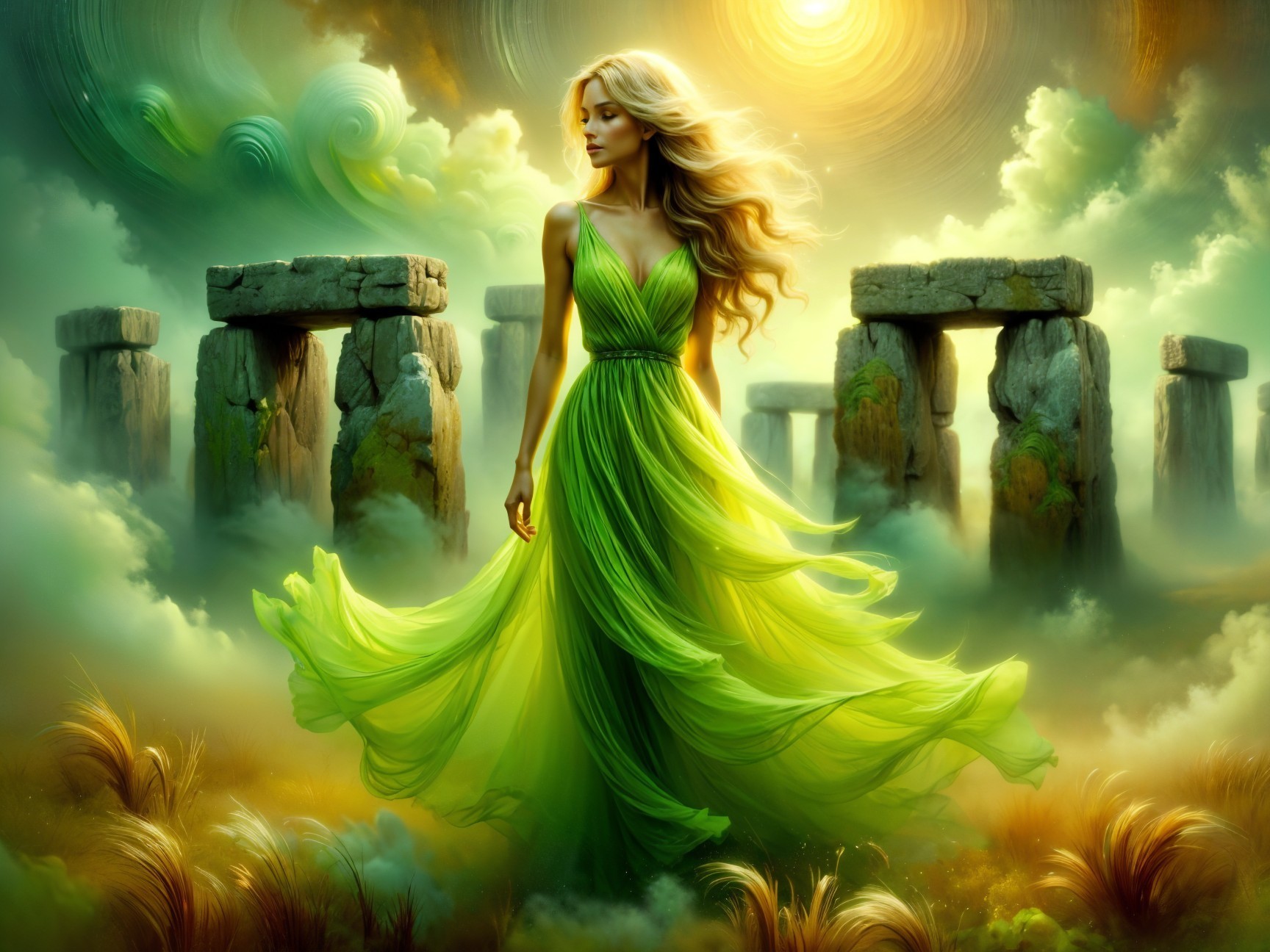 Mystical Woman in Green Gown Among Ancient Stones