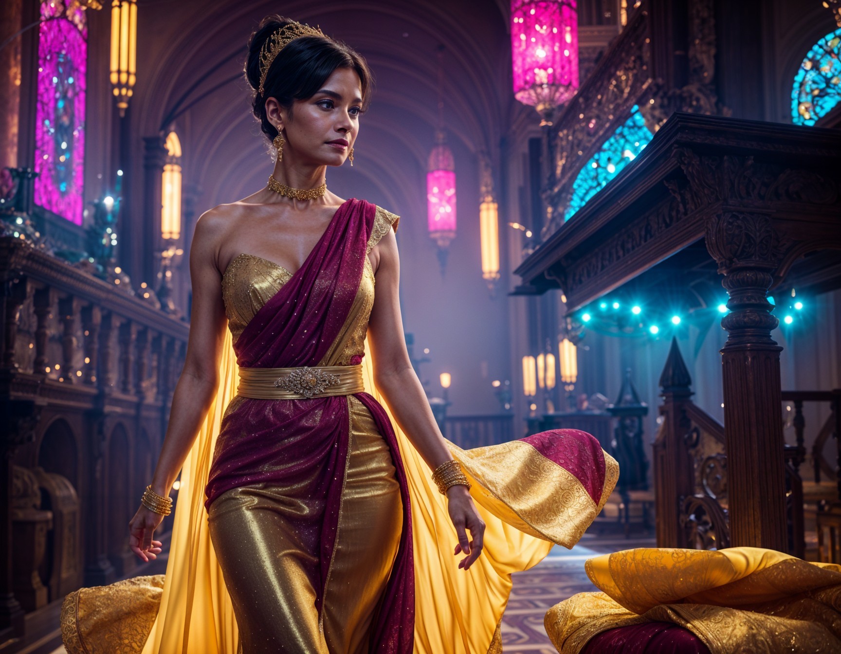 Regal Woman in Ornate Hall with Stained Glass