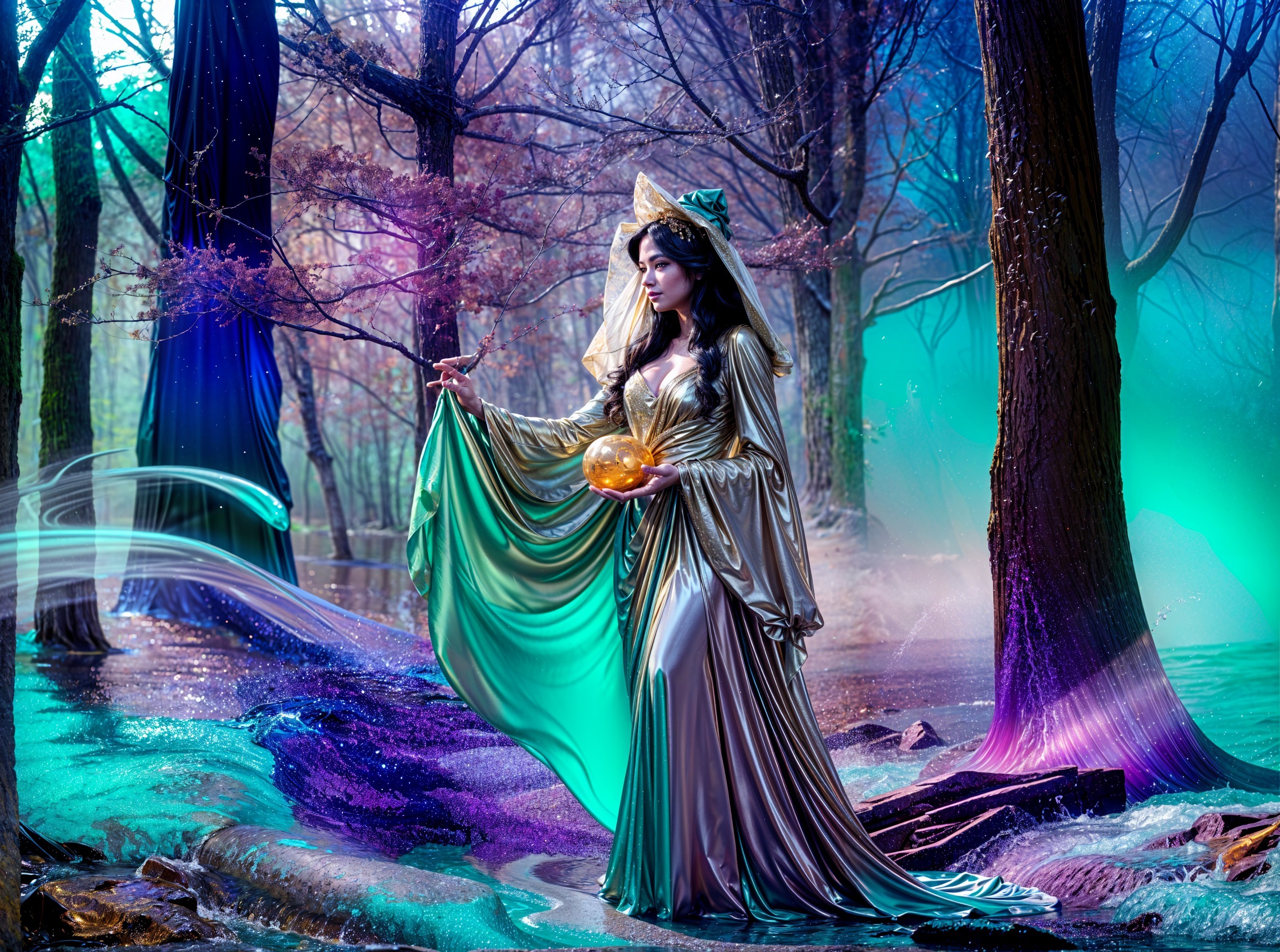 Woman in Golden Robes in a Mystical Forest Setting