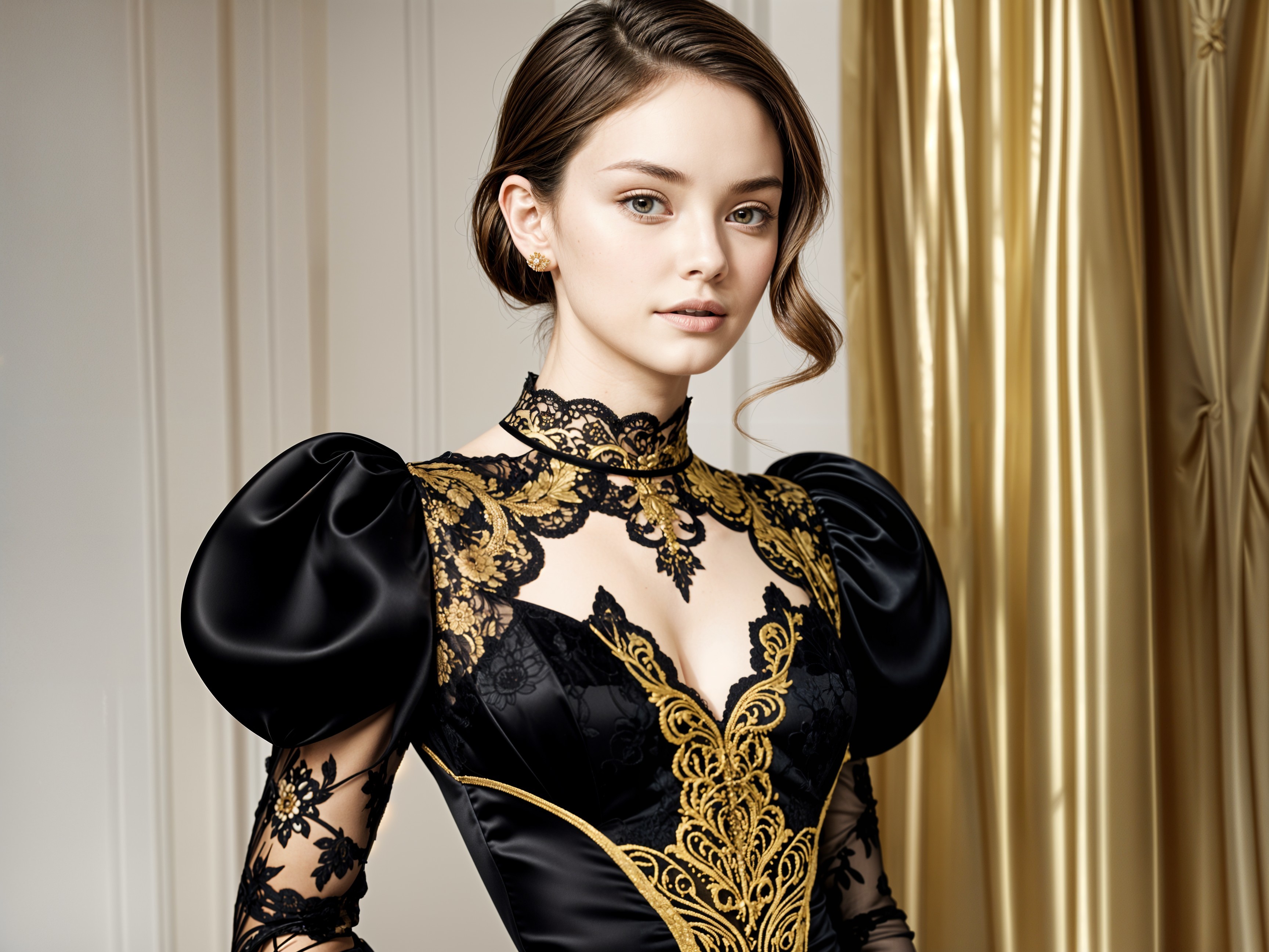 Elegant young woman in black gown with gold lace