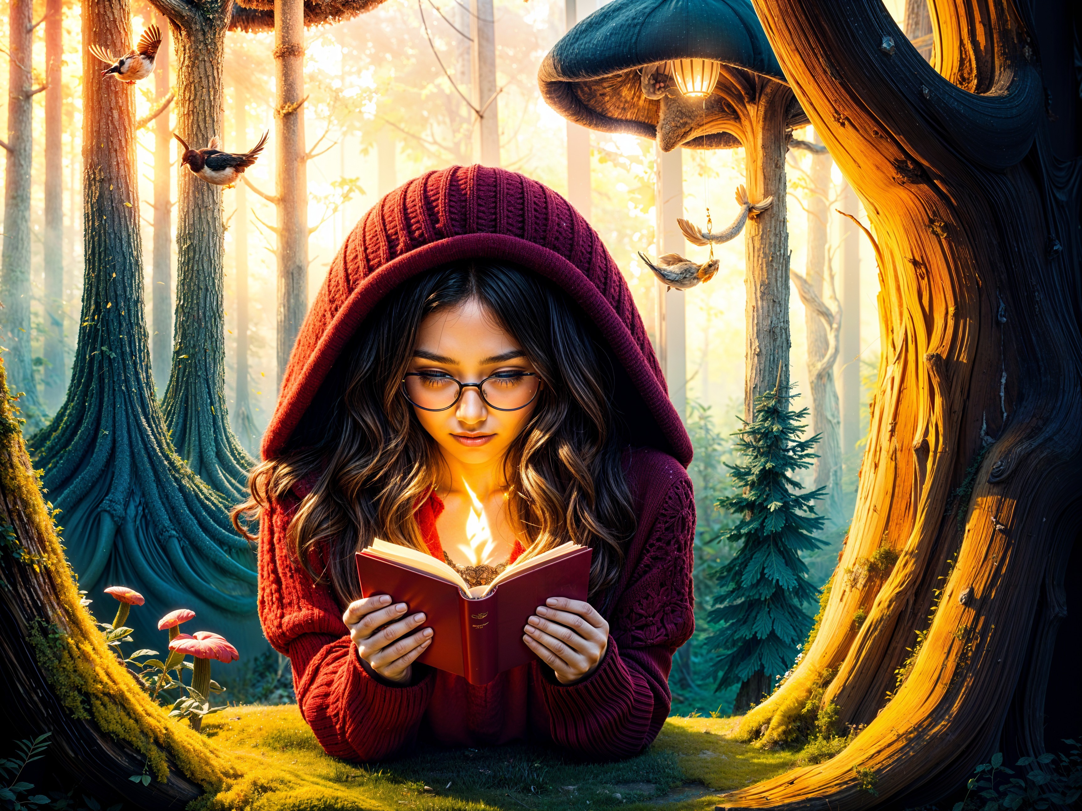 Young Woman Reading in a Mystical Forest Setting