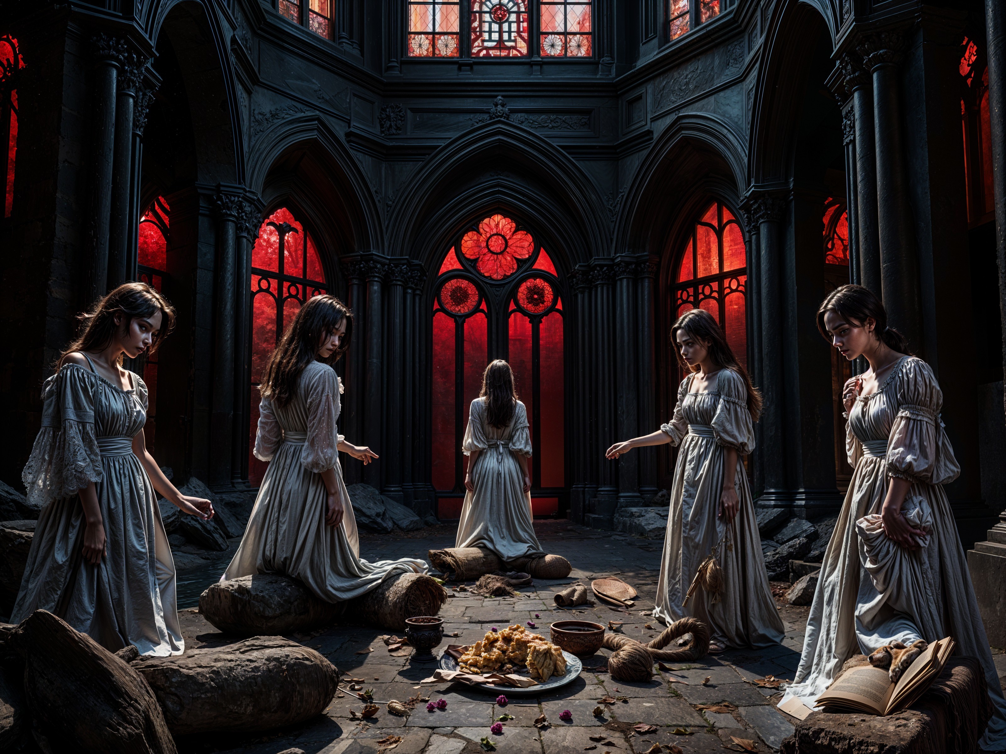 Gothic Setting with Ethereal Figures and Ritual Table
