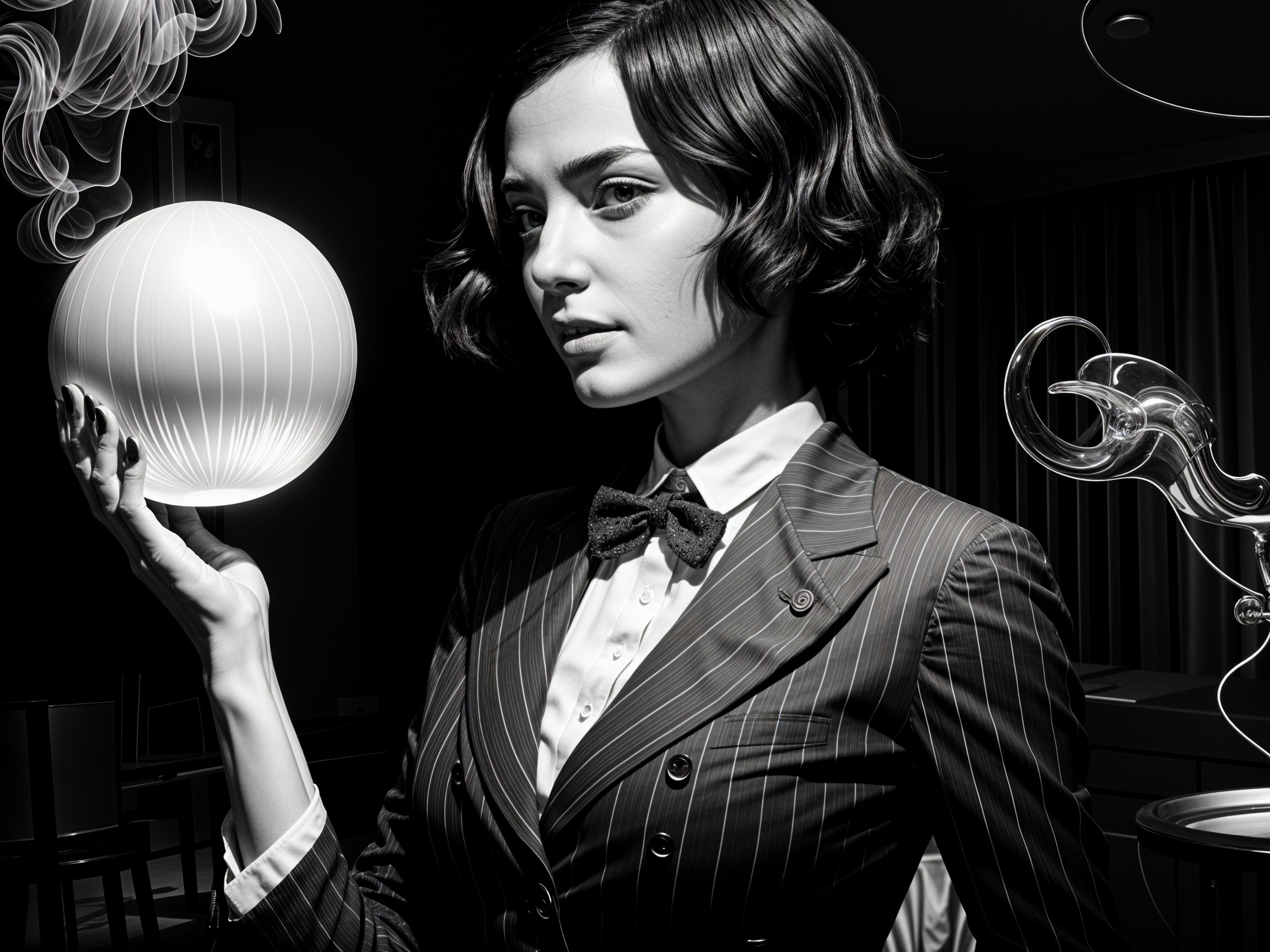 Sophisticated Figure with Glowing Orb in Monochrome Setting