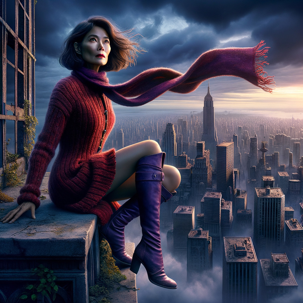 Young woman on rooftop overlooking misty cityscape