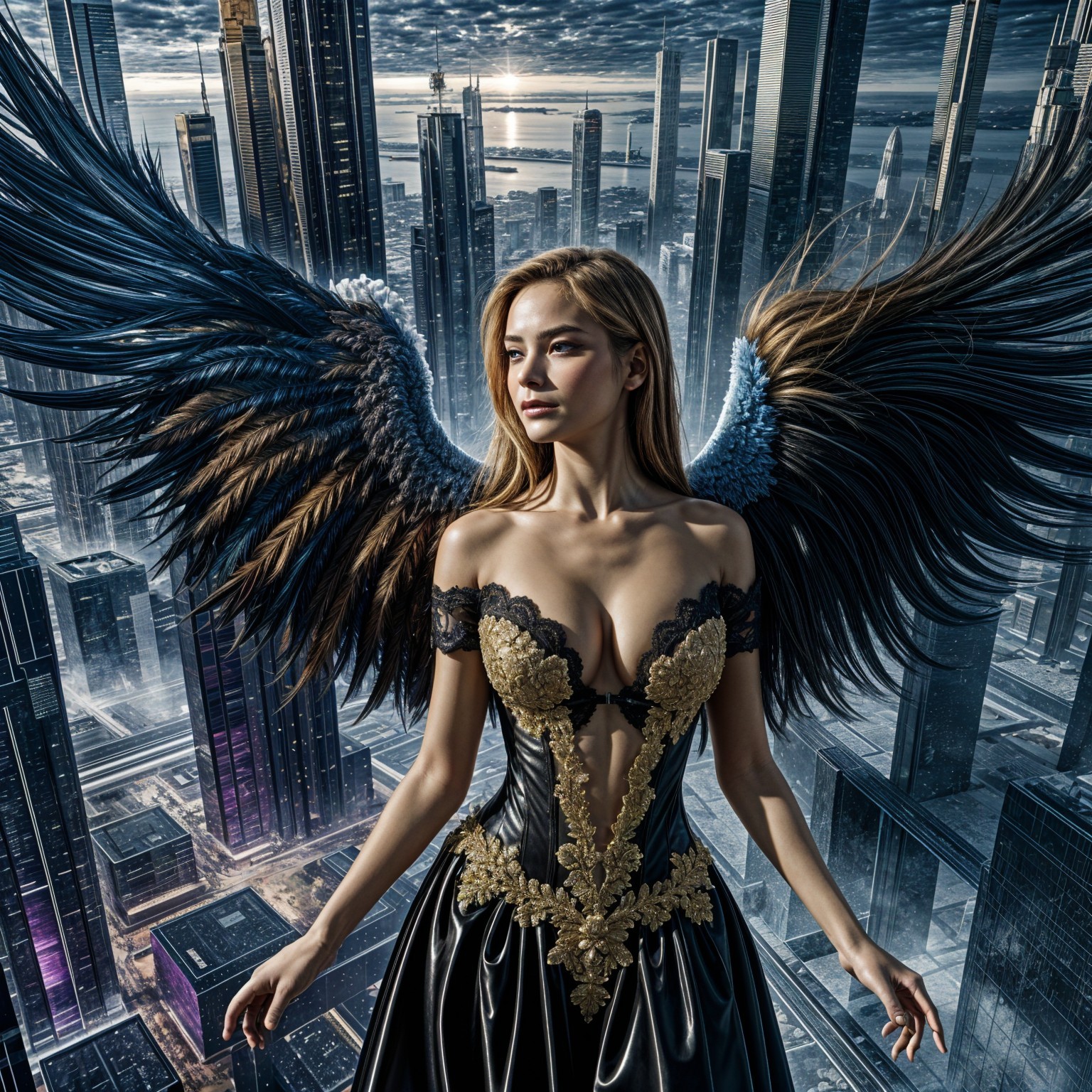 Beautiful Young Woman with Wings in Cityscape Setting