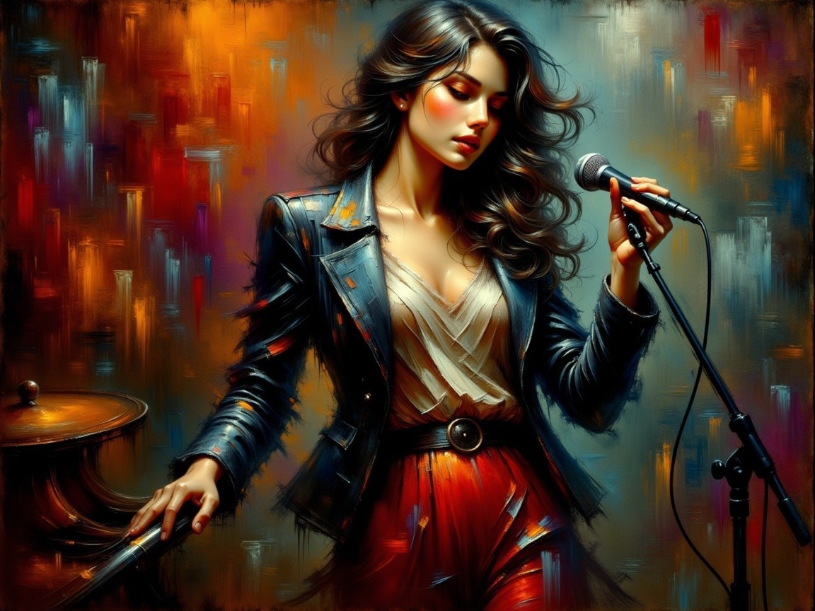 Stylish Woman at Microphone with Vibrant Outfit