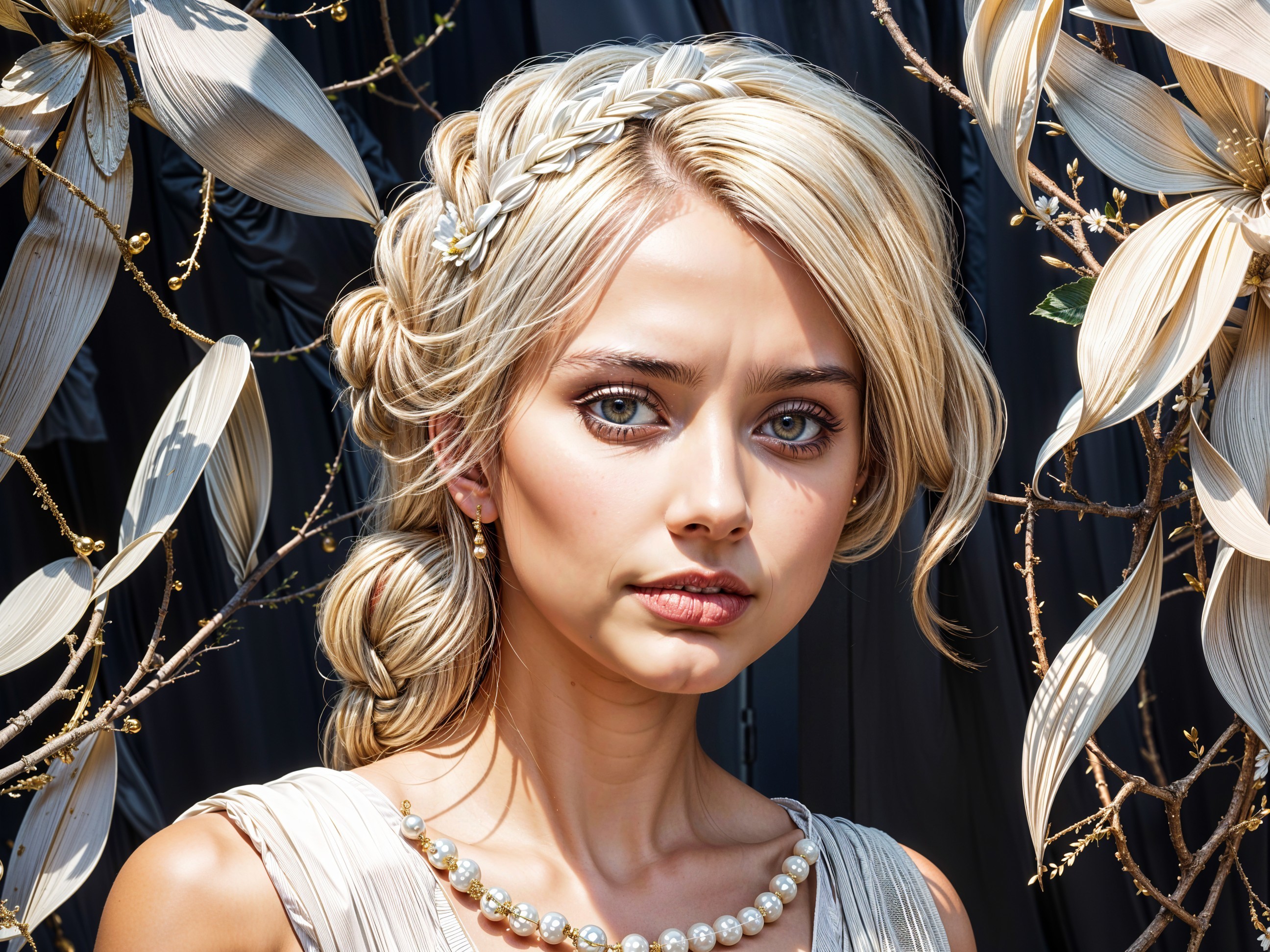 Elegant young woman in flowing dress with floral backdrop