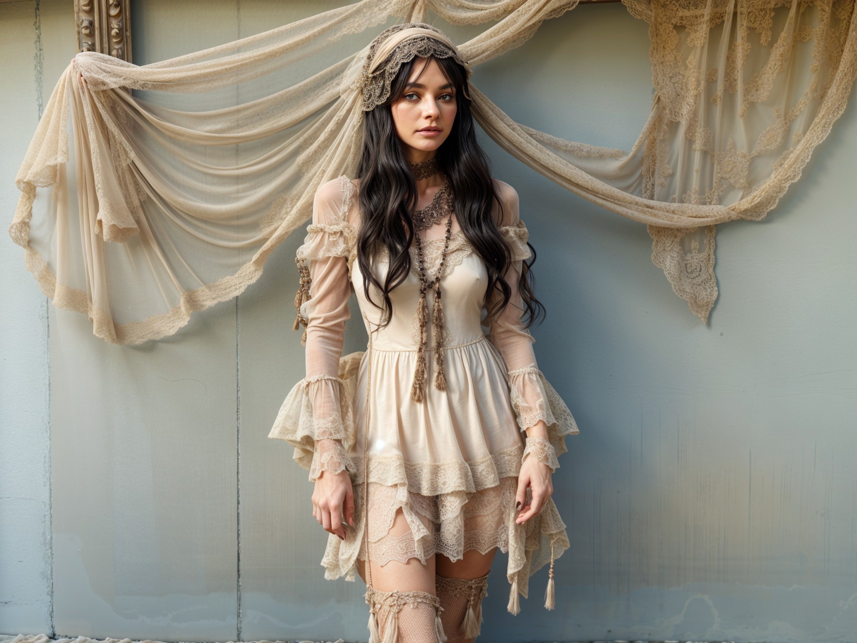 Young woman in vintage lace dress with flowing fabrics