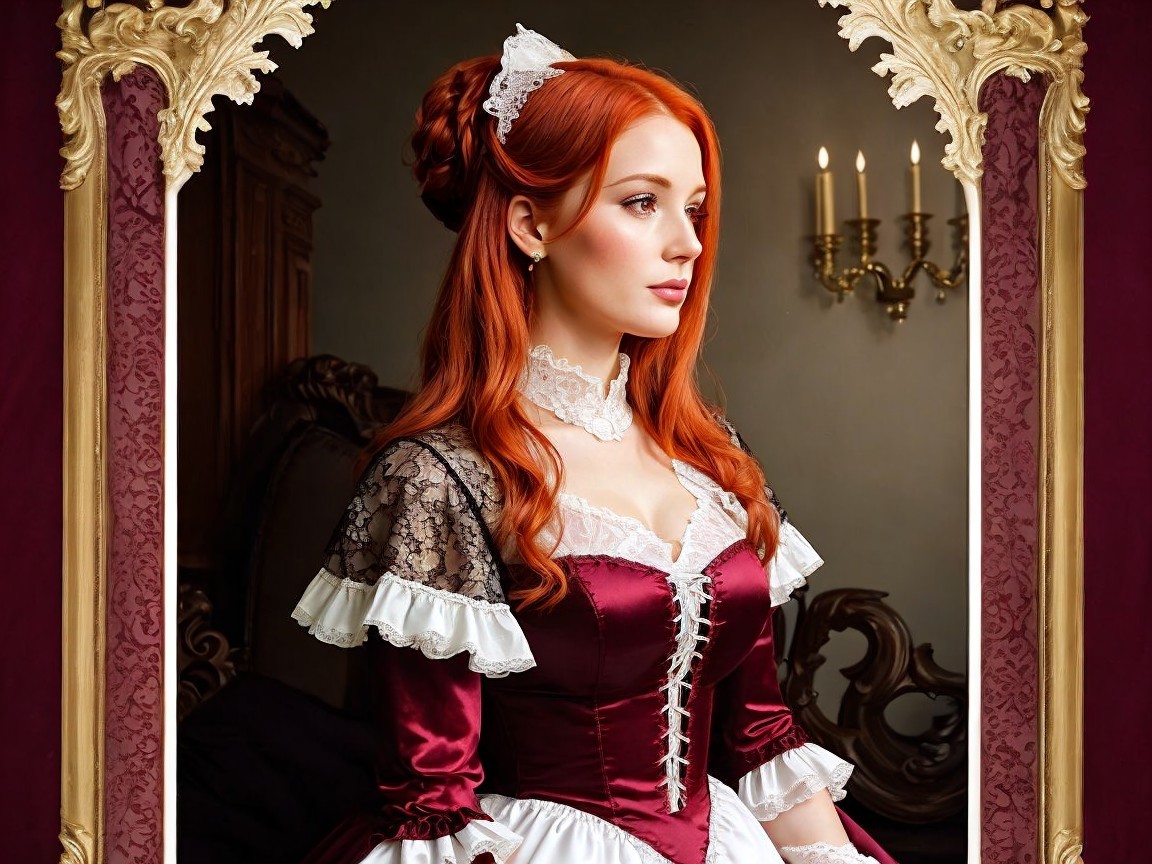 Young woman in burgundy dress by ornate gold mirror