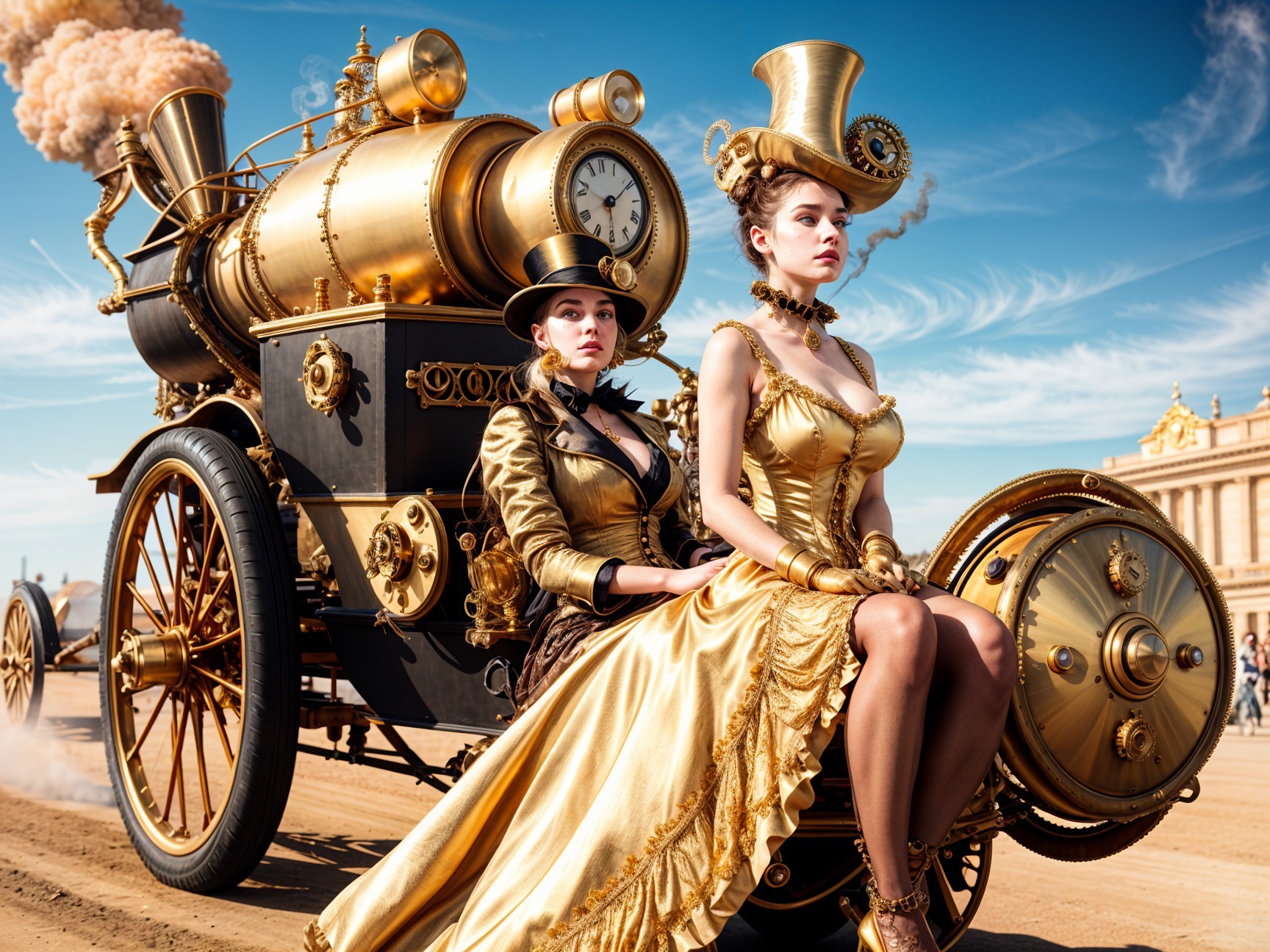 Steampunk Scene with Women on Luxurious Engine