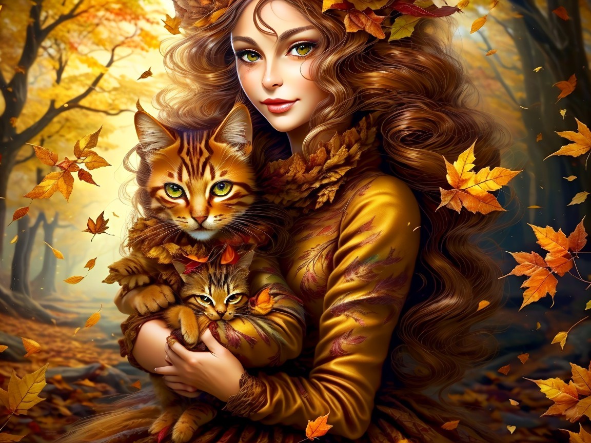 Woman in autumn attire holding two cats in nature