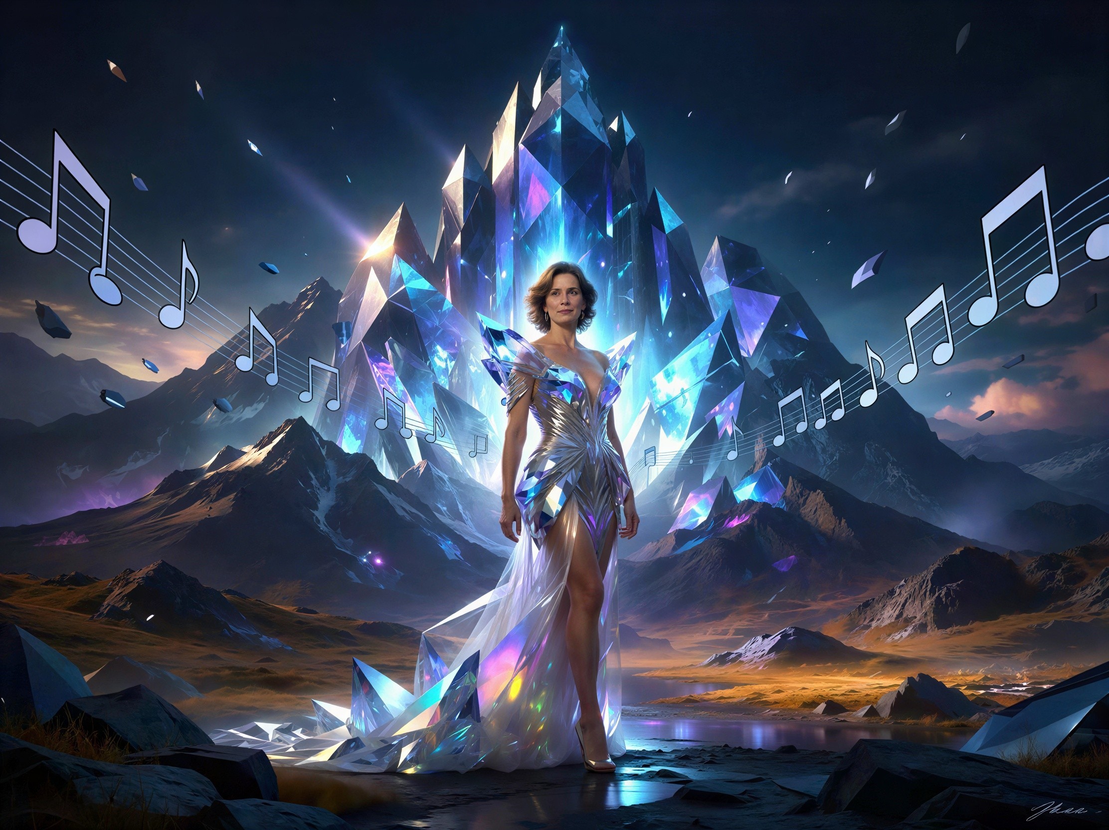 Caucasian Woman in Crystal Shard Dress in Desert Setting
