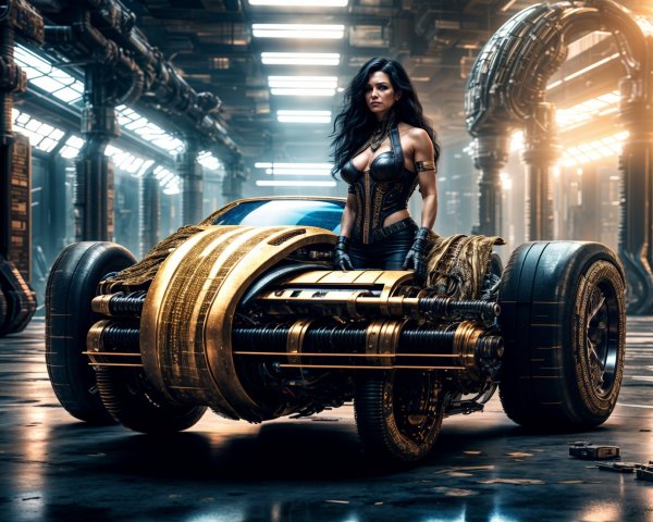 Futuristic Scene with Powerful Woman and High-Tech Car