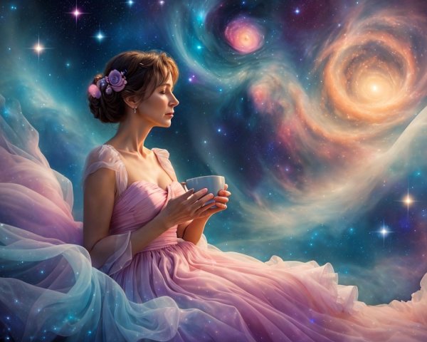 Woman in Pink Gown Against Cosmic Backdrop