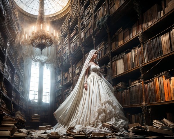 Majestic library with elegant woman in white gown