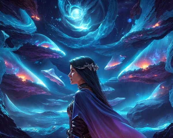 Mystical Figure in Cosmic Galaxy Setting