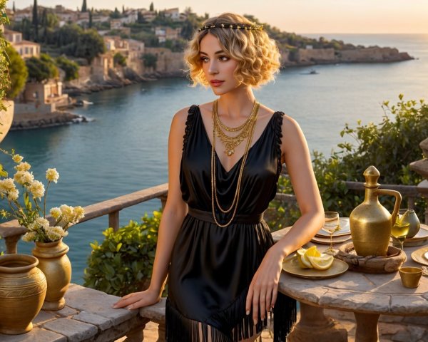 Woman in Black Dress at Scenic Overlook at Sunset
