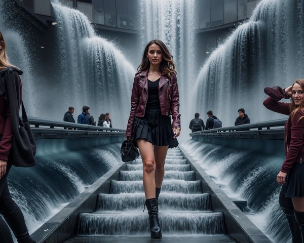 Stylish Woman in Urban Setting with Waterfalls
