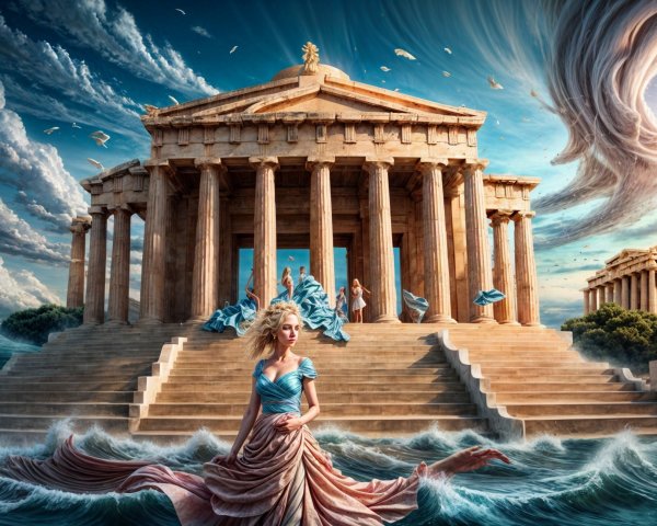 Surreal Scene of Ancient Temple and Flowing Gown