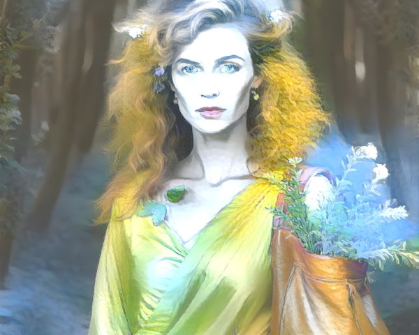 Woman in Yellow Dress with Curly Hair in Forest