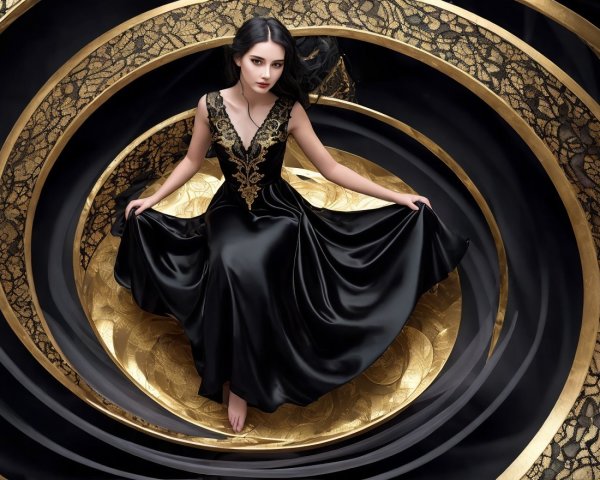 Elegant figure in black gown with gold accents