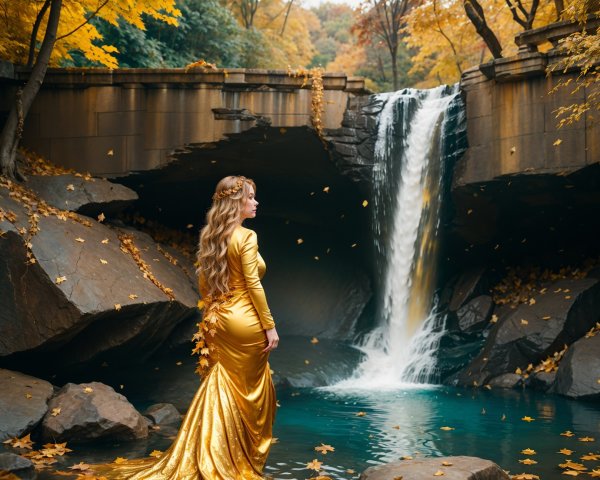 Woman in golden gown by serene autumn waterfall
