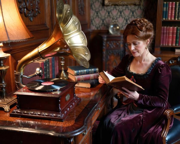 Victorian Study with Woman in Velvet Gown Reading