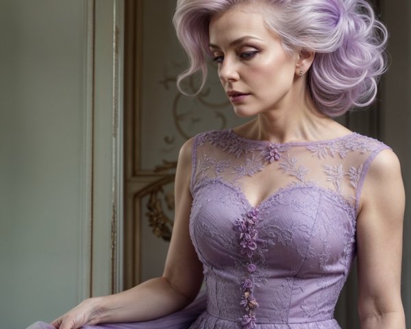 Thoughtful Woman in Elegant Lavender Dress and Hair