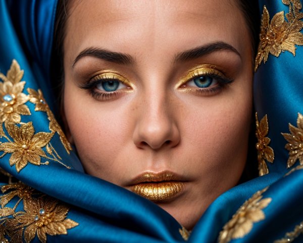 Close-Up Portrait of Woman with Blue Scarf and Makeup
