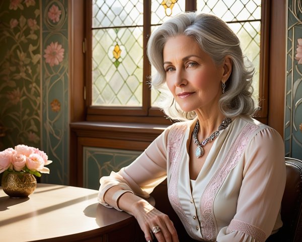 Elegant Older Woman at Adorned Wooden Table