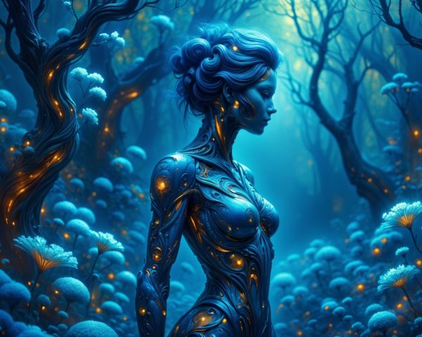 Surreal Forest Scene with Glowing Female Figure