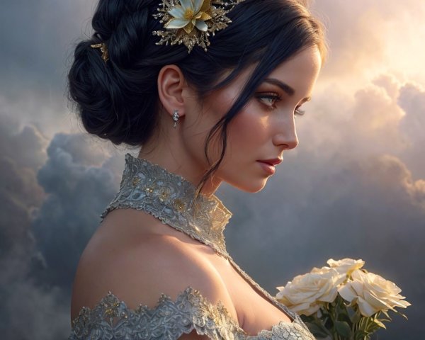 Elegant Woman in Lace Dress with White Roses