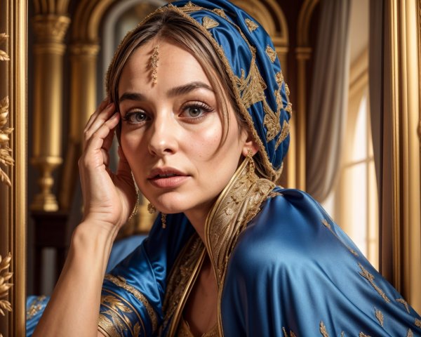 Portrait of a woman in blue fabric with gold embroidery