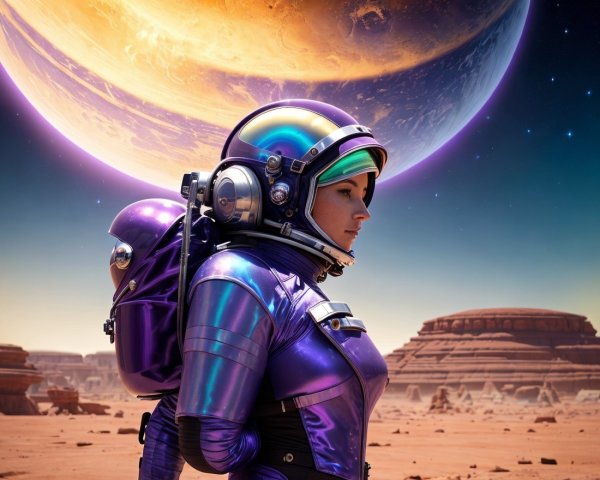 Futuristic Astronaut on Alien Landscape with Planet
