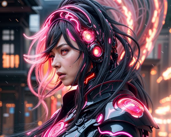 Futuristic Woman in Neon Armor Against Cyberpunk Cityscape